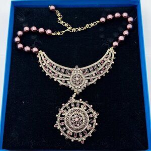 Heidi Daus Dark Pink Crystal Faux Pearl Bronze Pendant Necklace 18 20 Inch in Bo